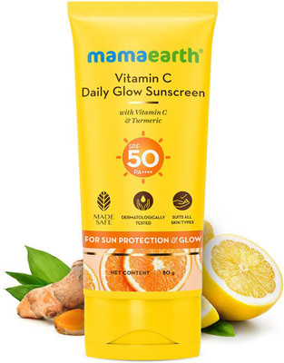 Mamaearth Sunscreen - SPF 50 PA+++ Vitamin C Daily Glow Sunscreen, Tan Protection, No White Cast with Turmeric(80 g)