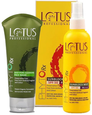 Lotus Professional Sunscreen - SPF 50 Phytorx Sunblock Mist SPF50_100ml & Deep Pore Facewash 80g(180 g)