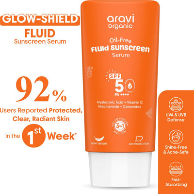 Aravi Organic Sunscreen - SPF 50 PA++++ Oil-Free Fluid Sunscreen Serum SPF 50++++ with Hyaluronic Acid, Vitamin C - 50ml(50 ml)