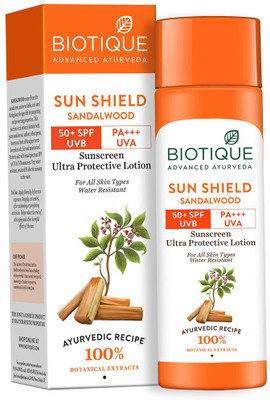 BIOTIQUE Sunscreen - SPF 50 PA+++ Sun Shield Sandalwood Lotion UVB/UVA |Ultra Protective Sunscreen|For men & Women(120 ml)