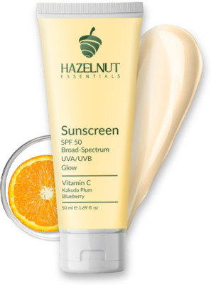 Hazelnut Essentials Sunscreen - SPF 50 Vitamin C Sunscreen/Primer|Glow|Kakadu plum & Blueberry(50 ml)