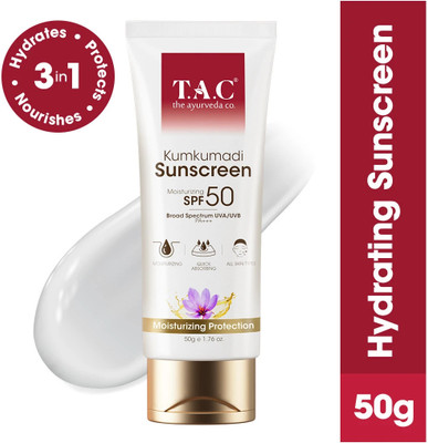 TAC - The Ayurveda Co. Sunscreen - SPF 50 PA+++ Kumkumadi SPF 50 PA+++ Sunscreen | Saffron & Manjistha | Fights Tan & Pigment(50 g)