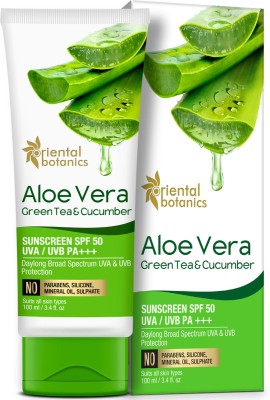 Oriental Botanics Sunscreen - SPF 50 PA+++ Aloe Vera, Green Tea & Cucumber Sunscreen with SPF 50 UVA/UVB PA+++ Protection(100 ml)