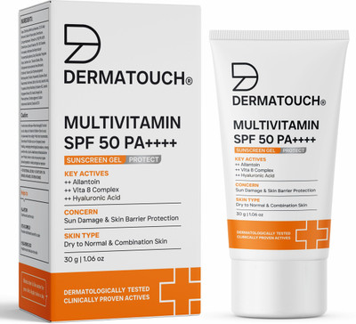 DERMATOUCH Multivitamin Sunscreen Gel | UVA-UVB Protection |Zero White Cast - SPF 50 PA++++(30 g)