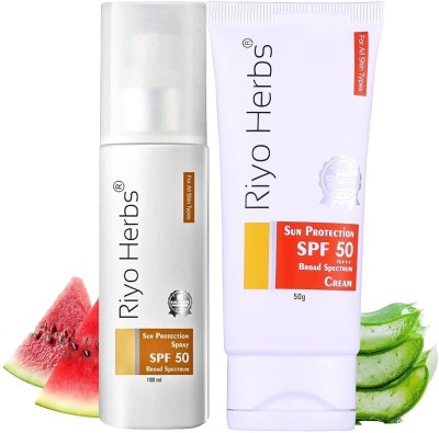 Riyo Herbs Sunscreen - SPF 50 PA+++ Sun Protection Combo With Spray (100ml) & Sunscreen Cream (50g)|For All Skin(50 g)