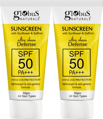 Globus Naturals Sunscreen - SPF 50 PA+++ Sunscreen with Ultra Sheen Defense, UVA & UVB Protection, Set of 2(100 g)