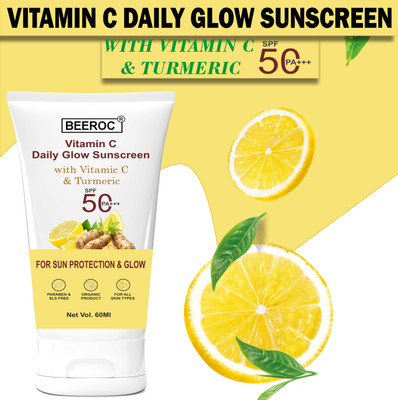 BEEROC Sunscreen - SPF 50++ PA+++ Sunscreen SPF 50+ PA+++ Daily Glow with Vitamin C & Turmeric for Sun Protection(60 g)