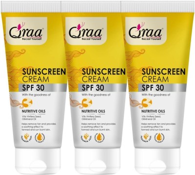 Qraa Sunscreen - SPF 30 , For Men & Women, Non-Greasy PA++++ Sunscreen Cream SPF 30|Helps Remove Tan|Helps in Sun Burn| Pack of 3(150 g)