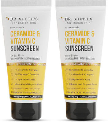 Dr. Sheth's Sunscreen - SPF 50 PA+++ Ceramide & Vitamin C Sunscreen | Non-greasy, hydrating sunscreen | Pack of 2(100 g)