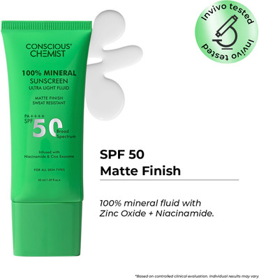 Conscious Chemist Sunscreen - SPF 50 PA++++ 100% Mineral Sunscreen SPF50 | Matte | No White Cast | Oily & Sensitive Skin(50 ml)