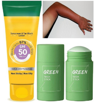 HUZURLU Green Mask Stick for Whiteheads with SPF 50 PA+++ Sunscreen & Tan Block Cream(2 Items in the set)