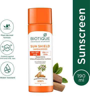 BIOTIQUE Sunscreen - SPF 50+ PA+++ Sun Shield Sandalwood Lotion�UVB/UVA|Ultra Protective Sunscreen|For men & Women(190 ml) BIOTIQUE Sunscreen - SPF 50+ PA+++ Sun Shield Sandalwood Lotion�UVB/UVA|Ultra Protective Sunscreen|For men & Women(190 ml)