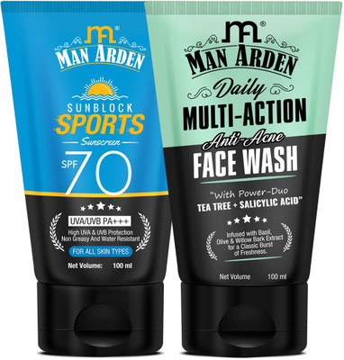 Man Arden Sunscreen - SPF 50 PA+++ Sun Block Sports Sunscreen SPF 70 + Daily Multi-Action Anti Acne Face Wash(220 g) Man Arden Sunscreen - SPF 50 PA+++ Sun Block Sports Sunscreen SPF 70 + Daily Multi-Action Anti Acne Face Wash(220 g)