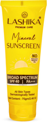 Lashika Sunscreen - SPF 40 Hydrating & Lightweight PA+++ Mineral Sunscreen SPF 40 | Broad Spectrum | UVA + UVB Protection(70 g)