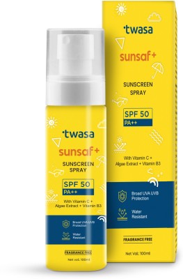 Twasa Sunscreen - SPF 50 PA+++ Sunsaf+ Sunscreen Spray With Vitamin C+B3 & Algae Extract For Men & Women(100 ml)