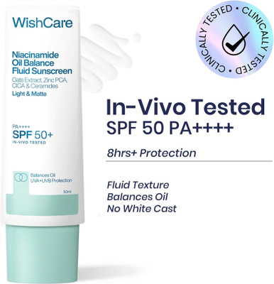 WishCare Sunscreen - SPF 50+ PA++++ Niacinamide Oil Balance Fluid Sunscreen|In Vivo Tested|For Men and Women(50 ml)