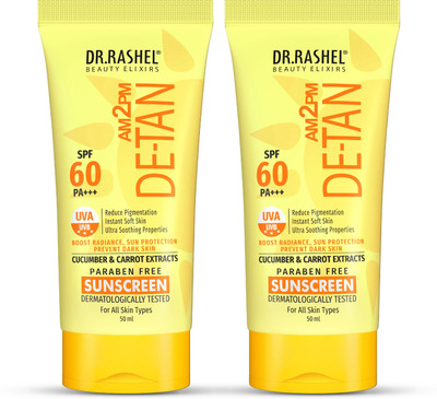 DR.RASHEL Sunscreen - SPF 60 PA+++ DE-TAN SUNSCREEN SPF 60 PA+++ FOR ULTRA SOOTHING WITH CUCUMBER & CARROT EXTRACTS(100 ml) DR.RASHEL Sunscreen - SPF 60 PA+++ DE-TAN SUNSCREEN SPF 60 PA+++ FOR ULTRA SOOTHING WITH CUCUMBER & CARROT EXTRACTS(100 ml)
