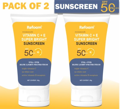 REFOAM Sunscreen - SPF 50+++ PA+++ Vitamin C + E Super Bright Sunscreen SPF 50 Combo, Water-Light & No White Cast(120 g)