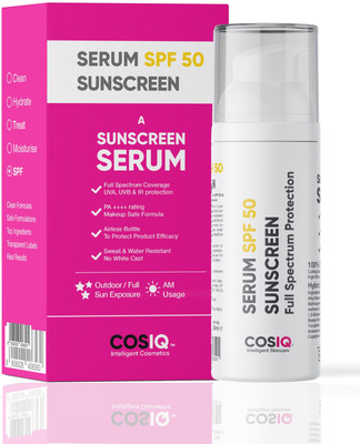 Cos-IQ Sunscreen – SPF 50 PA++++ SunProtect SPF-50 Outdoor Sunscreen Serum SPF 50 PA+++ 30ml | Only 2 Drops Full Coverage | Skin Safe, Matte Finish, Oil Free, Water Resistant, Broad Spectrum (30 G) For Rs. 159 @ 77 %