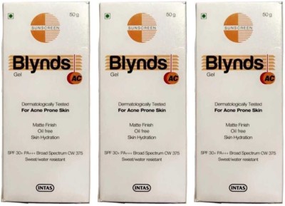 Blynds Sunscreen - SPF 30 PA+++ AC Gel - Water Resistant & Sweat Resistant Sunscreen Gel 50G( Pack of 3)(150 g)