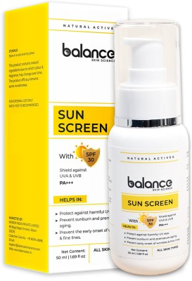 balance skin science Sunscreen - SPF 30 PA+++ Sunscreen SPF 30 with PA+++, Water Resistant, Non Greasy & No White Cast(50 g)