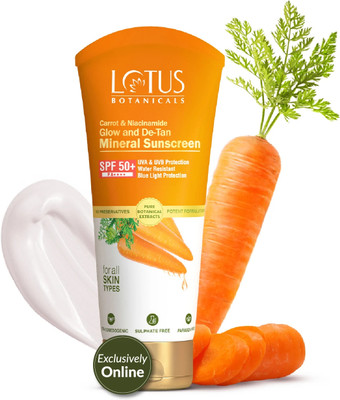 Lotus Botanicals Sunscreen - SPF 50 PA++++ Carrot & Niacinamide Glow and De-Tan Mineral Sunscreen SPF 50+ PA++++(50 g) Lotus Botanicals Sunscreen - SPF 50 PA++++ Carrot & Niacinamide Glow and De-Tan Mineral Sunscreen SPF 50+ PA++++(50 g)