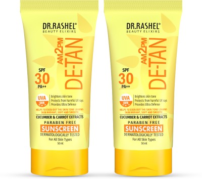 DR.RASHEL Sunscreen - SPF 30 PA+++ DE-TAN SUNSCREEN FOR ULTRA SOOTHING WITH CUCUMBER & CARROT EXTRACTS 50 ml Pack 2(100 ml)