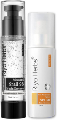 Riyo Herbs Sunscreen - SPF 50 PA+++ Spray (100m) & Advanced Snail 98 Mucin Essence Face Serum | For Glowing Skin(50 ml)