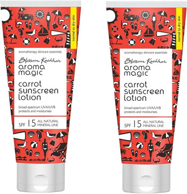 Aroma Magic Sunscreen - SPF 15 PA+ Carrot Lotion| Moisturises & Protects | Noraml to Dry Skin | Pack of 2(100 ml)