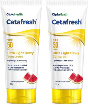 Cipla Sunscreen - SPF 50 PA+++ Cetafresh Ultra Light Dewy Sunscreen | Lightweight & Non-sticky | Pack of 2(50 g)