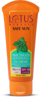 LOTUS HERBALS Sunscreen - SPF 50 PA+++ Safe Sun Silk Touch Mattifying UV Screen Crme SPF 50| PA+++(75 g)