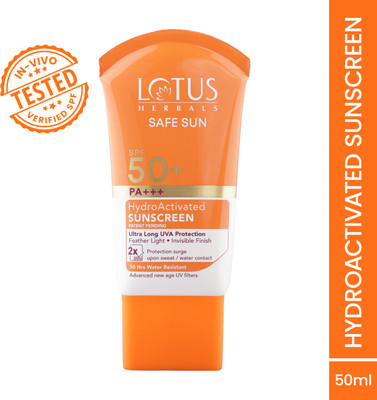 LOTUS HERBALS Sunscreen - SPF SPF 50+ PA+++ Safe Sun HydroActivated Sunscreen SPF 50+ PA+++, 2X protection from sun and tan(50 ml)