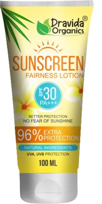 Dravida Organics Sunscreen - SPF 30 PA+++ Light and Non Sticky Sunscreen Fairness Lotion - UVA & UVB Protection(100 ml)