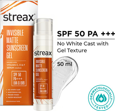 Streax Sunscreen - SPF 50 PA+++ Invisible Matte Gel Sunscreen SPF 50 PA+++|Water Resistance, No white cast(50 g)