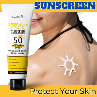 smartdrops Sunscreen - SPF 50 PA+++ Lightweight with Niacinamide & Multi-Vitamins Sunscreen | Sun Cream(60 g) smartdrops Sunscreen - SPF 50 PA+++ Lightweight with Niacinamide & Multi-Vitamins Sunscreen | Sun Cream(60 g)