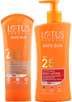 LOTUS HERBALS Sunscreen - SPF 50 Safesun 3 in 1 Matte Look Sunscreen SPF40_100G & UV Protect Body Lotion 250ml(350 g)