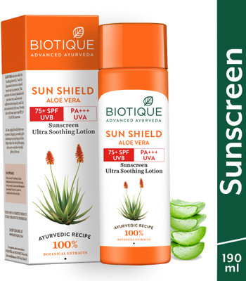 BIOTIQUE Sunscreen - SPF 75+ PA+++ Sun Shield Aloe Vera Lotion UVB/UVA |Ultra Soothning Sunscreen|For men & Women(190 ml) BIOTIQUE Sunscreen - SPF 75+ PA+++ Sun Shield Aloe Vera Lotion UVB/UVA |Ultra Soothning Sunscreen|For men & Women(190 ml)