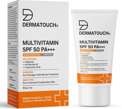 DERMATOUCH Multivitamin Sunscreen Gel | UVA-UVB Protection |Zero White Cast - SPF 50 PA+++(30 g)