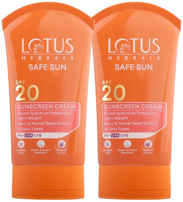 LOTUS HERBALS Sunscreen - SPF 20 PA+ Safe Sun Sunscreen Cream + SPF 20 + 50g Each(Pack of 2)(100 g)