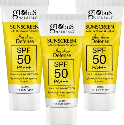 Globus Naturals Sunscreen - SPF 50 PA+++ Sunscreen with Ultra Sheen Defense, UVA & UVB Protection, Set of 3(150 g)