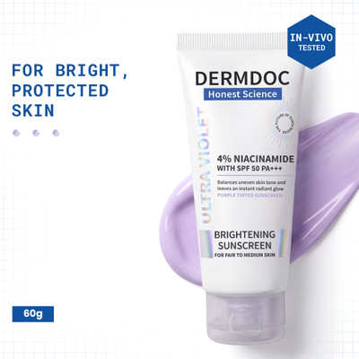 DermDoc Sunscreen - SPF 50 PA+++ Ultra Violet Purple Brightening Sunscreen with 4% Niacinamide(60 g)