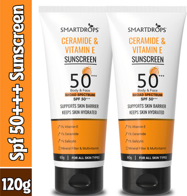smartdrops Sunscreen - SPF 50 PA+++ Ceramide Vitamin E SPF 50 Sunscreen For Face Body Smooth Finish Daily Use(120 g)