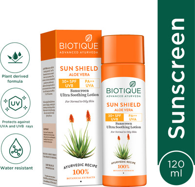 BIOTIQUE Sunscreen - SPF 30+ PA++ Sun Shield Aloe Vera Lotion UVB/UVA|Ultra Soothing Sunscreen|For men & Women(120 ml)