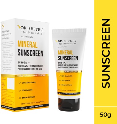 Dr. Sheth's Sunscreen - SPF 50 PA+++ Ultra Lightweight SPF 50 Mineral Sunscreen with Zinc Oxide || No white cast(50 g)