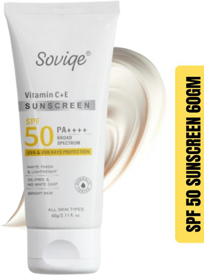 soviqe Sunscreen - SPF 50 PA++++ Vitamin C & E Sunscreen for Brightening, Hydration & UV Defence(60 g)