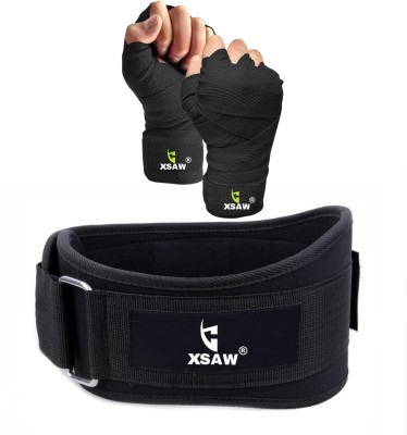 XSAW Best Combo Fitness Gym Belt (L) Size (36-40 Inch ) & Boxing Hand Wrap Black Supporter