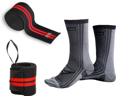 Dyna Gym Combo Set of Knee Wrap, Wrist Strap, Gym Silver Socks Supporter