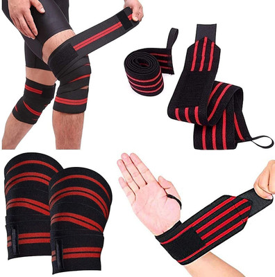 FITPUT Both Knee nee Wraps, Wrist Band Support Straps for Gym Workout for Gym Combo Knee Support(Red)