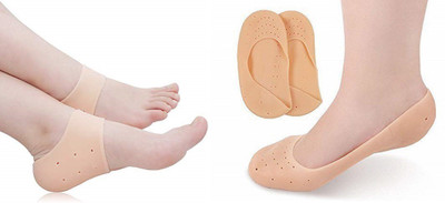 jeniry Silicone Gel Heel Socks 1 Pair + Silicon Heel Protector & Support 1 Pair 06 Heel Support(Beige)