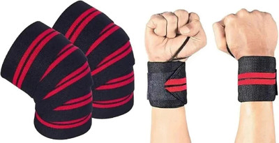 FITPUT Combo Weight Lifting Knee Wraps and Wrist Support Band for Gym Workout Knee Support(Red, Black)